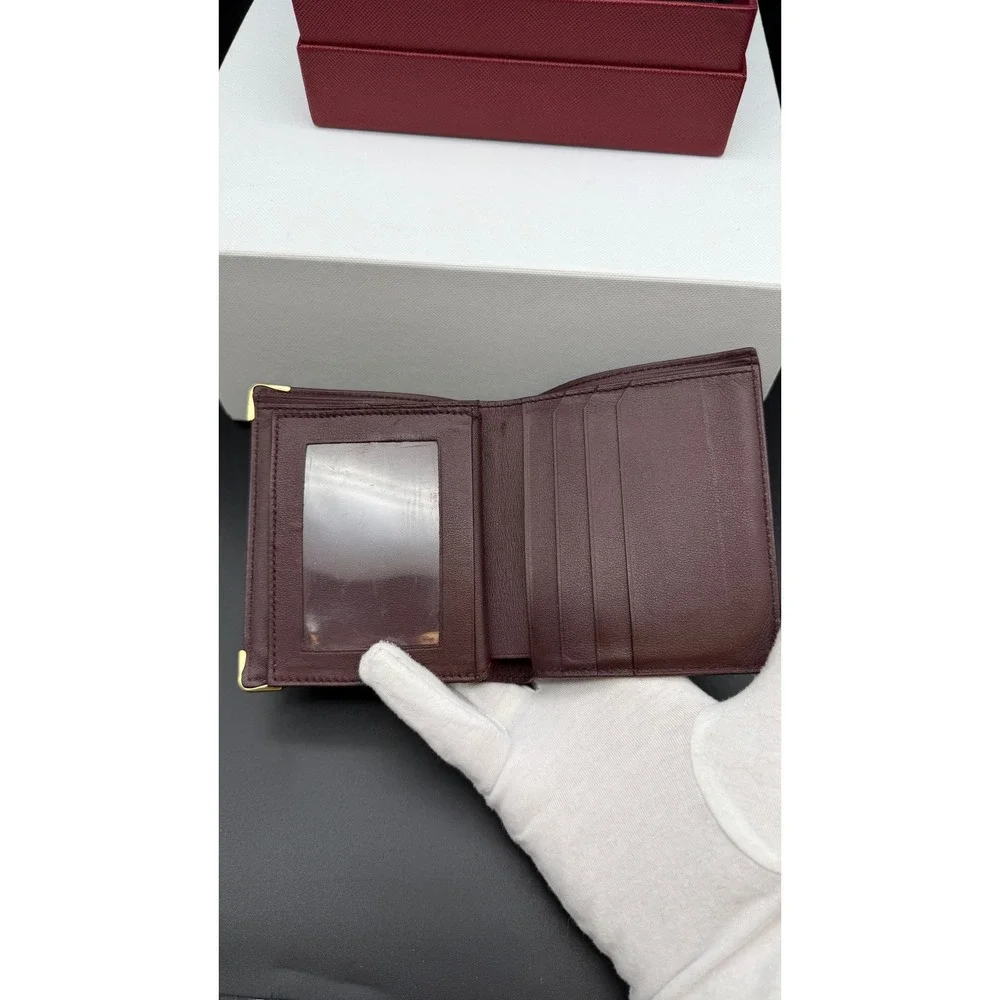 Cartier Must de Cartier Burgundy Leather Bifold Wallet Gold Corners Mens Box
